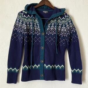 Eddie Bauer M Fair Isle Knit Hoodie Sweater Cardigan Nordic Ski Winter Lodge